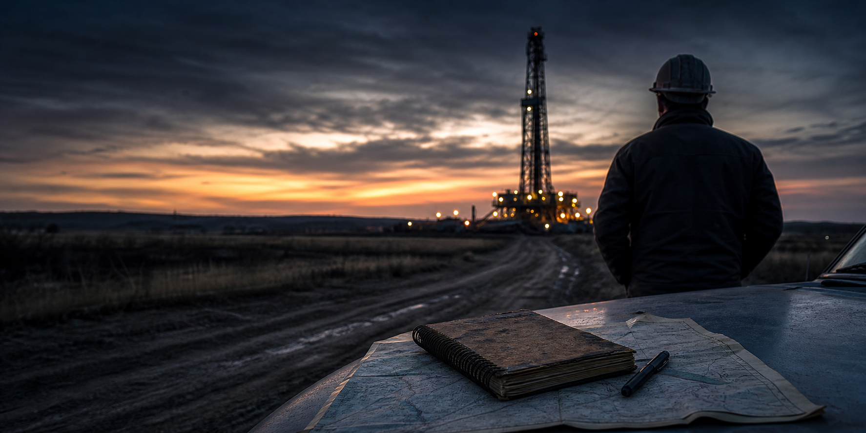 Anonymous oilfield professional beside a field road, with a rig silhouette and notebook imagery.